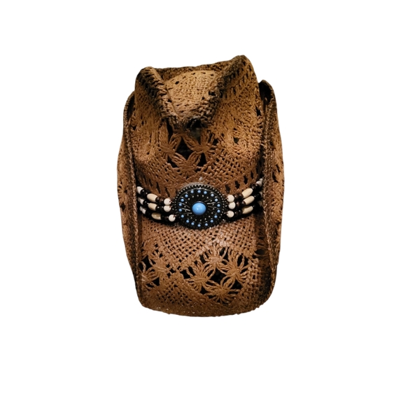 QWINEE Ombre Bead Decor Hollow Out Cowboy Hat Straw Cowboy Cowgirl Hats Summer B - Picture 4 of 8